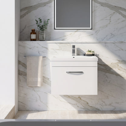 Fairford Carnation 600mm Gloss White Wall Hung 1 Drawer Vanity Unit — Bright White Marble lifestyle