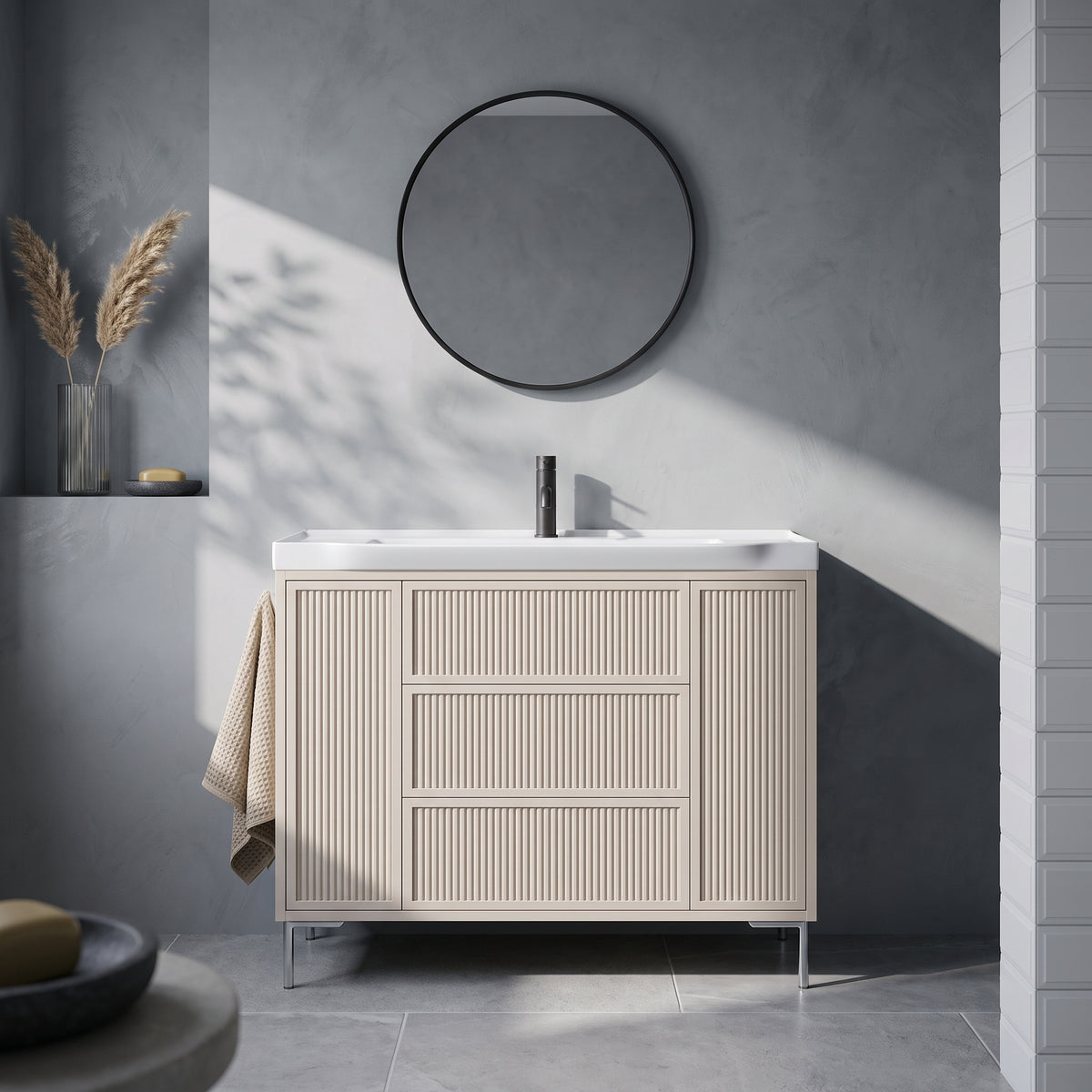 Fairford Elan Fluted Sandstone 1000mm Floorstanding Vanity Unit with Chrome Legs