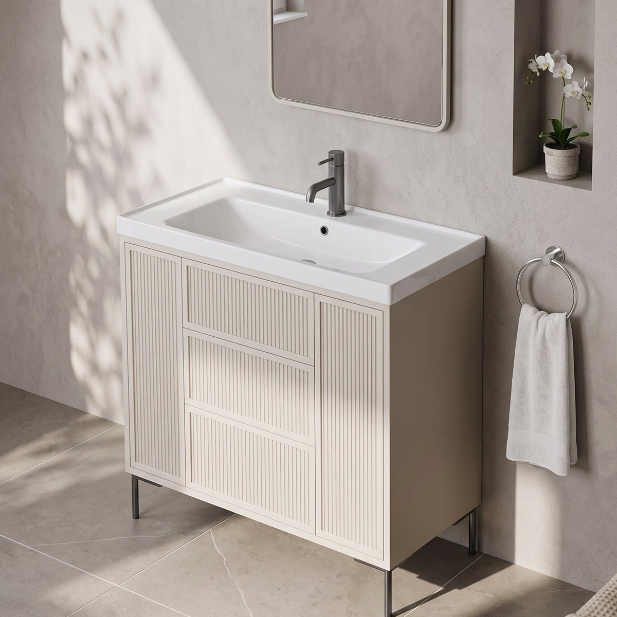 Fairford Elan Fluted Sandstone 1000mm Floorstanding Vanity Unit with Gunmetal Legs