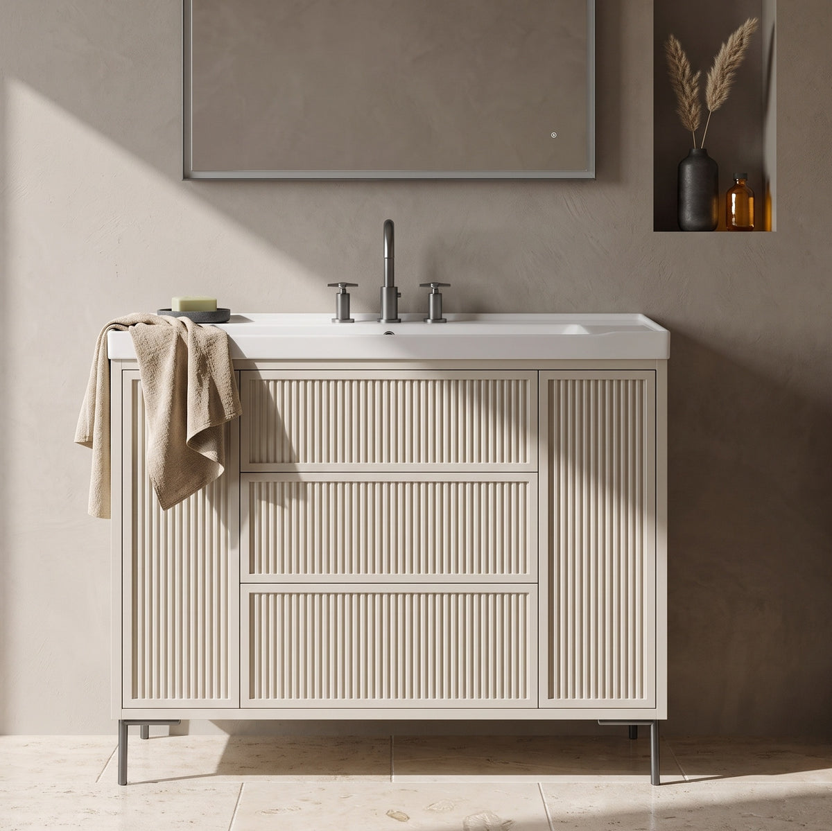 Fairford Elan Fluted Sandstone 1000mm Floorstanding Vanity Unit with Gunmetal Legs