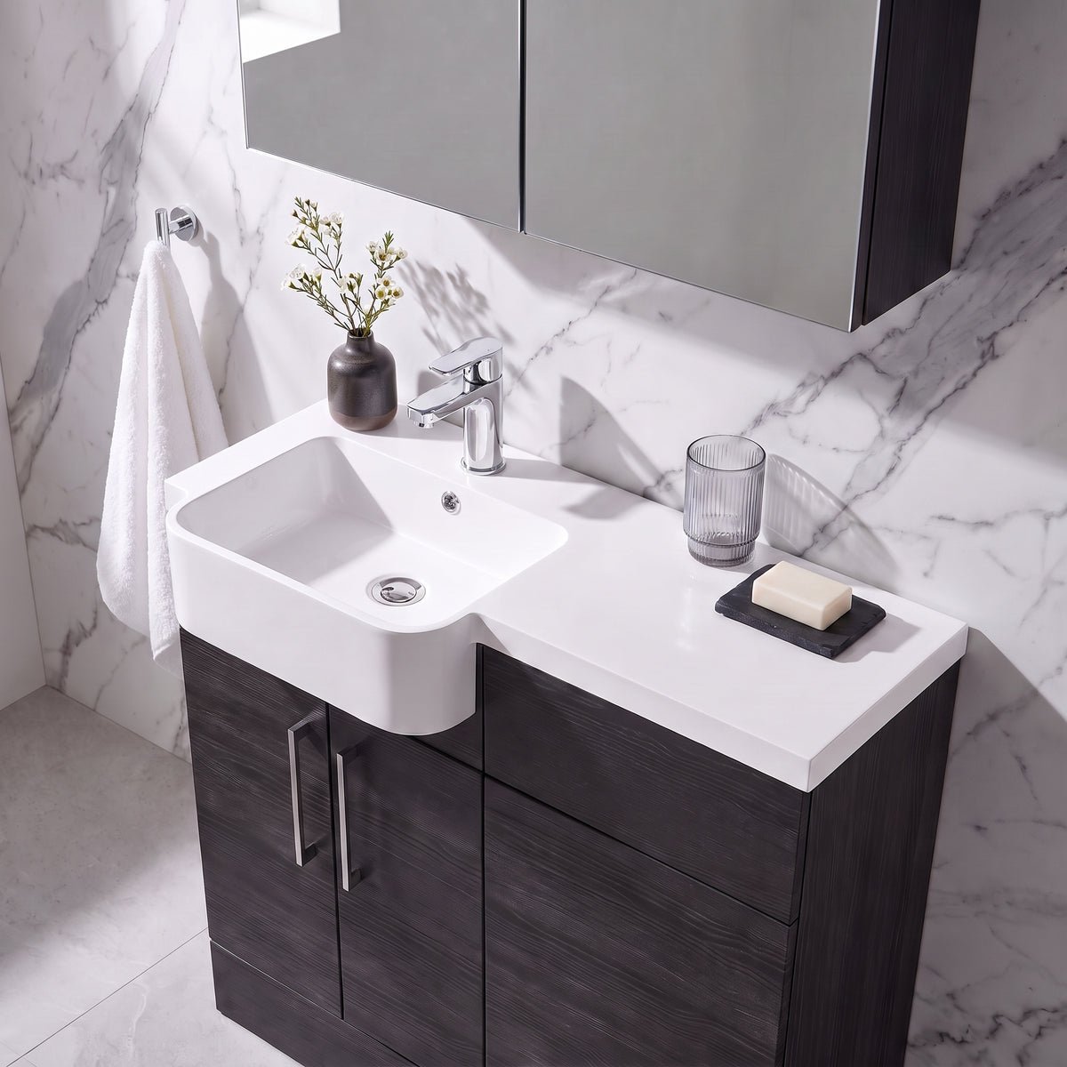 Fairford Union Black Woodgrain 1000mm Round Semi Recessed Basin Left Hand Combination Pack