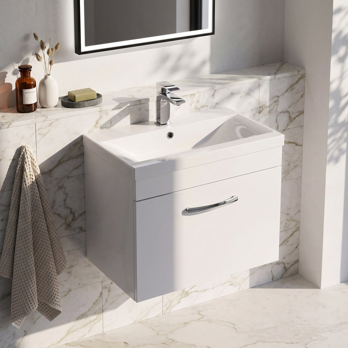 Fairford Carnation 600mm Gloss White Wall Hung 1 Drawer Vanity Unit — Bright White Marble lifestyle