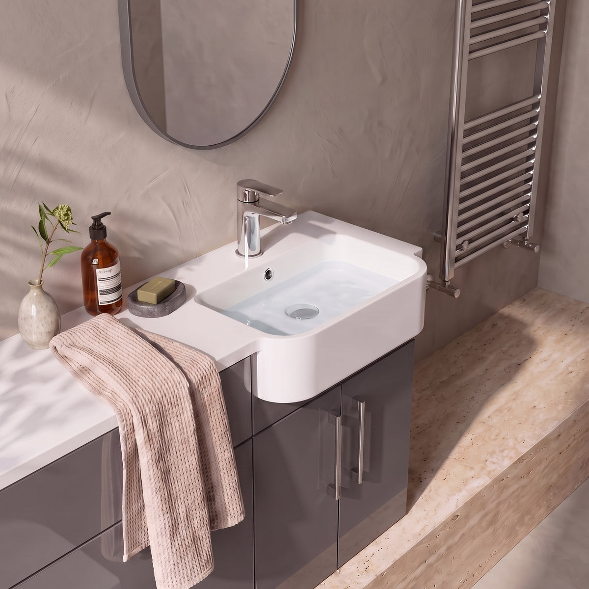 Fairford Union Gloss Grey 1000mm Round Semi Recessed Basin Right Hand Combination Pack