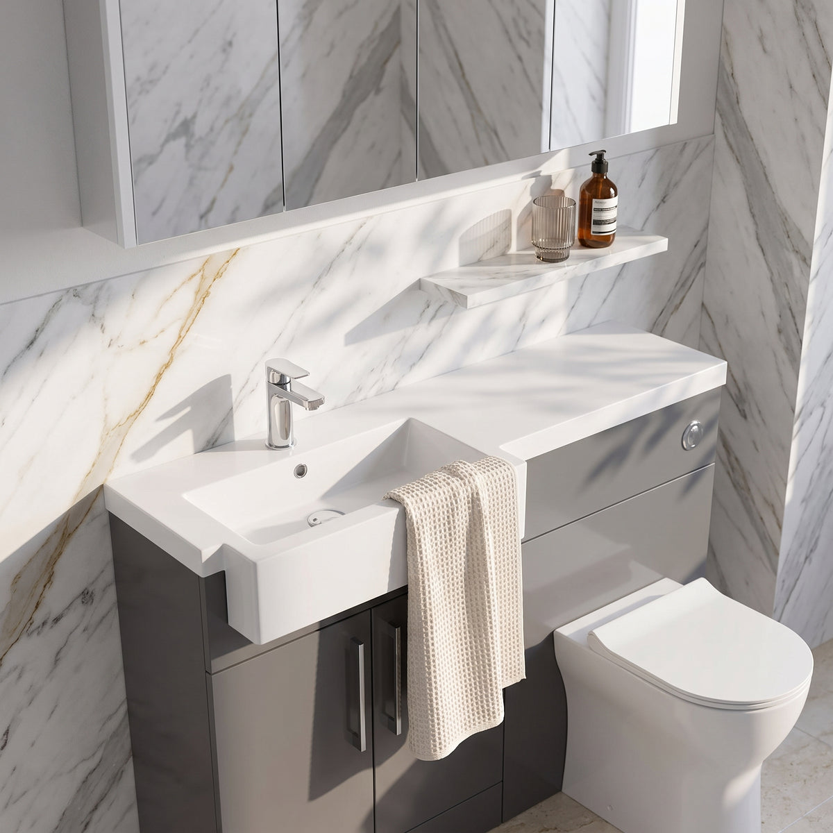 Fairford Union Gloss Grey 1000mm Square Semi Recessed Basin Left Hand Combination Pack