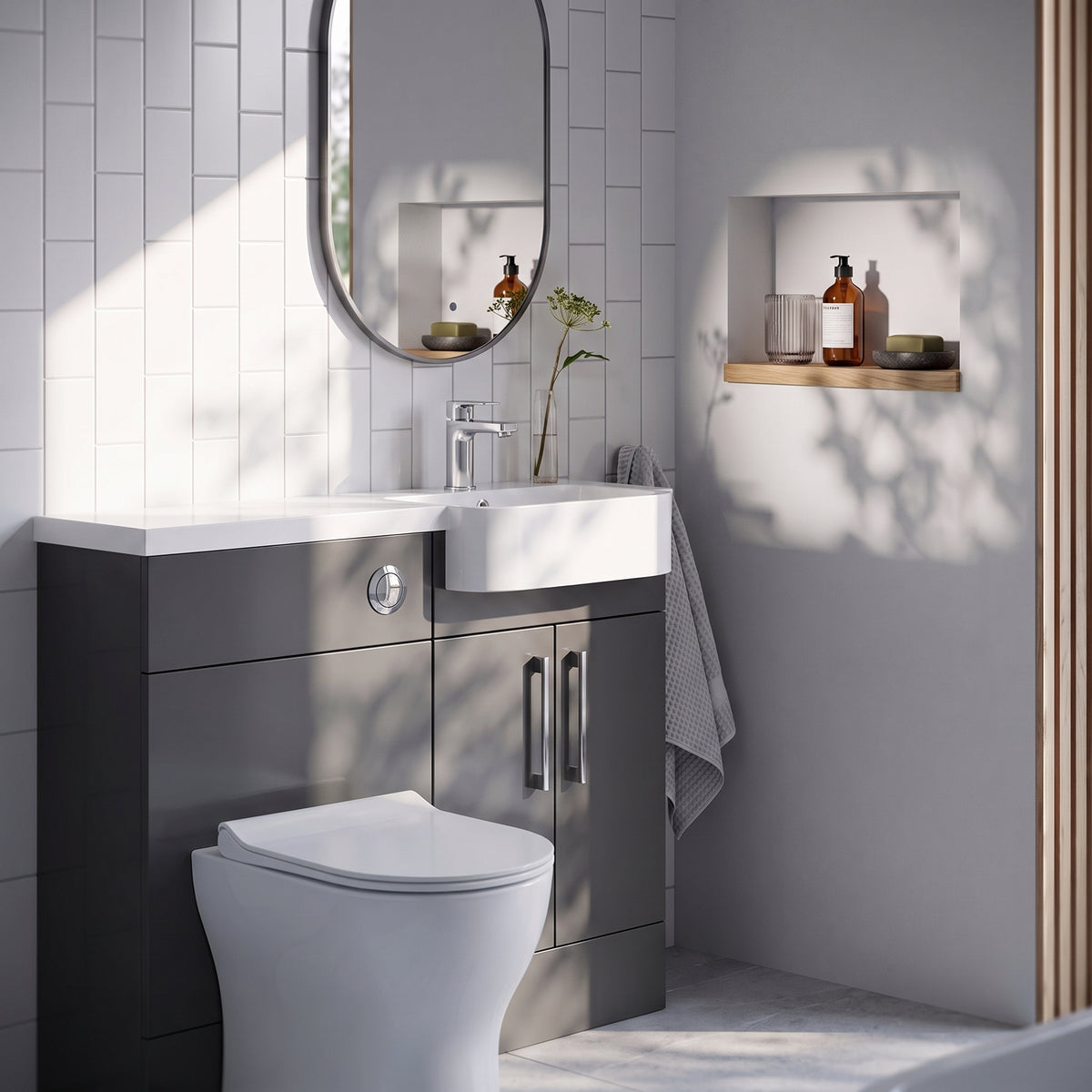 Fairford Union Gloss Grey 1000mm Round Semi Recessed Basin Right Hand Combination Pack
