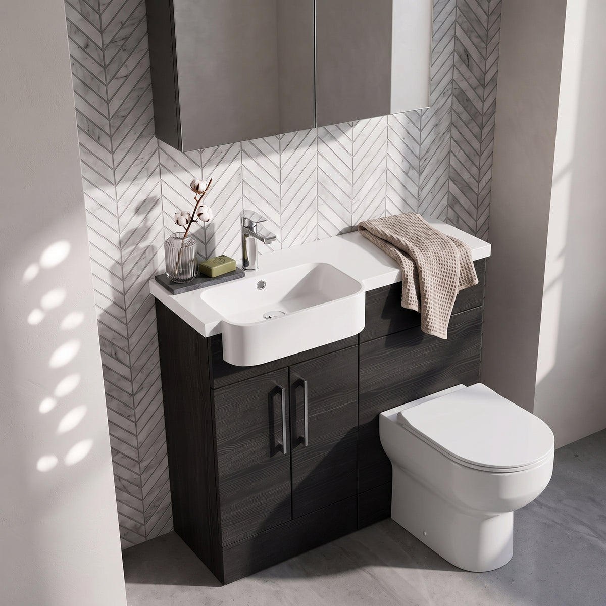 Fairford Union Black Woodgrain 1000mm Round Semi Recessed Basin Left Hand Combination Pack