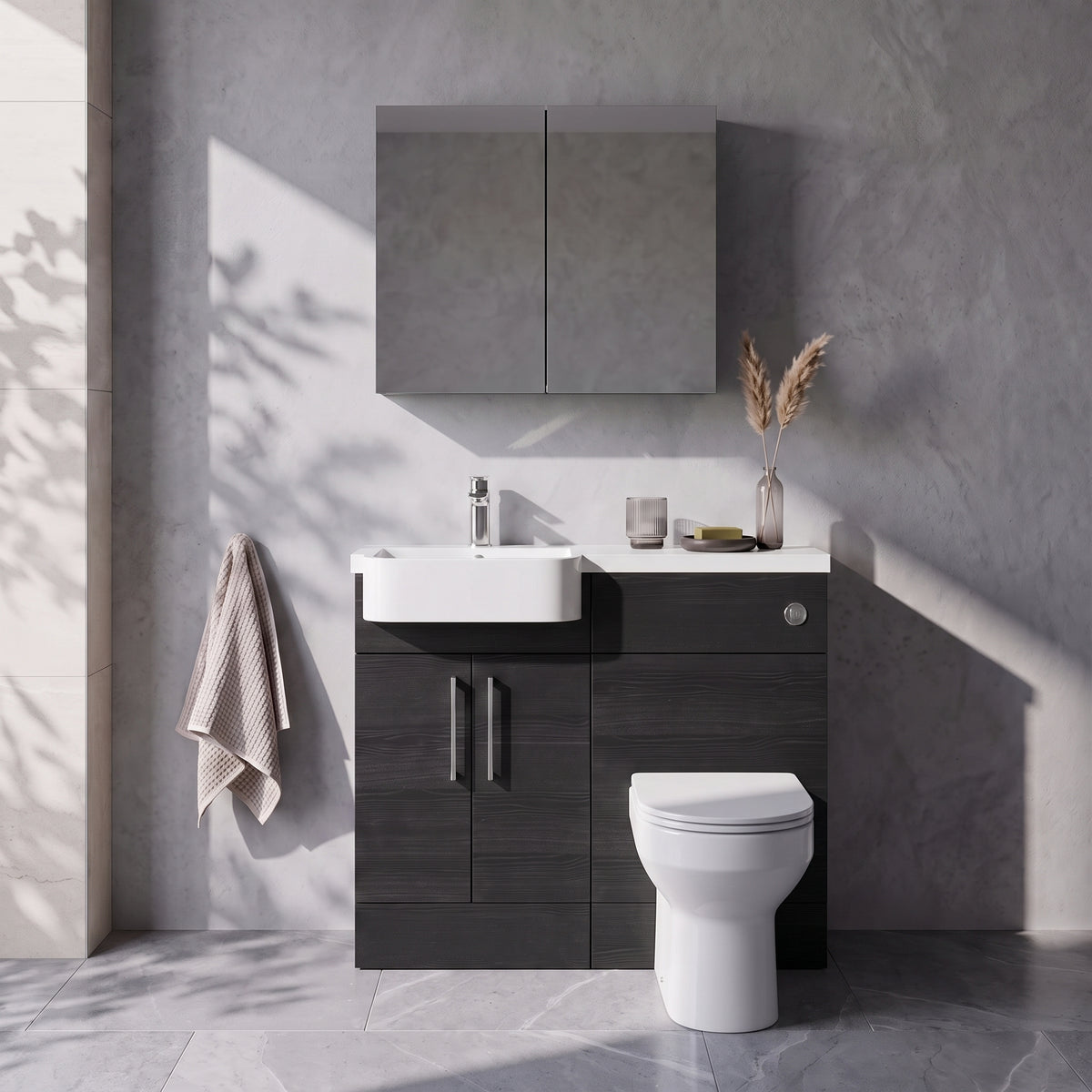 Fairford Union Black Woodgrain 1000mm Round Semi Recessed Basin Left Hand Combination Pack