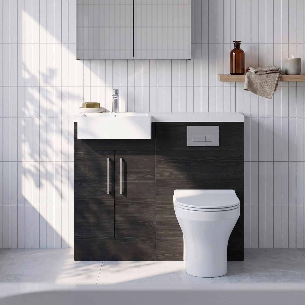 Fairford Union Black Woodgrain 1000mm Square Semi Recessed Basin Left Hand Combination Pack