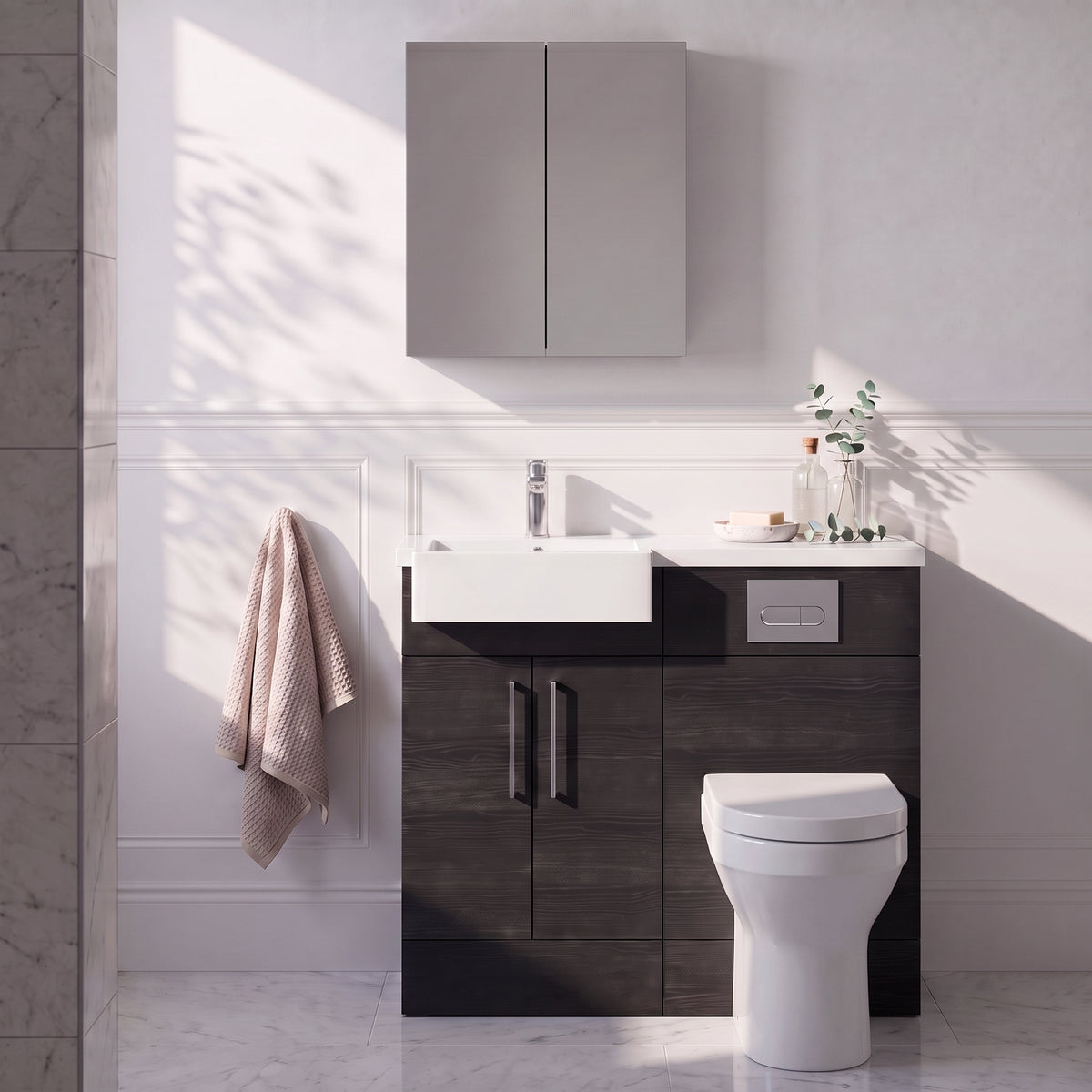 Fairford Union Black Woodgrain 1000mm Square Semi Recessed Basin Left Hand Combination Pack