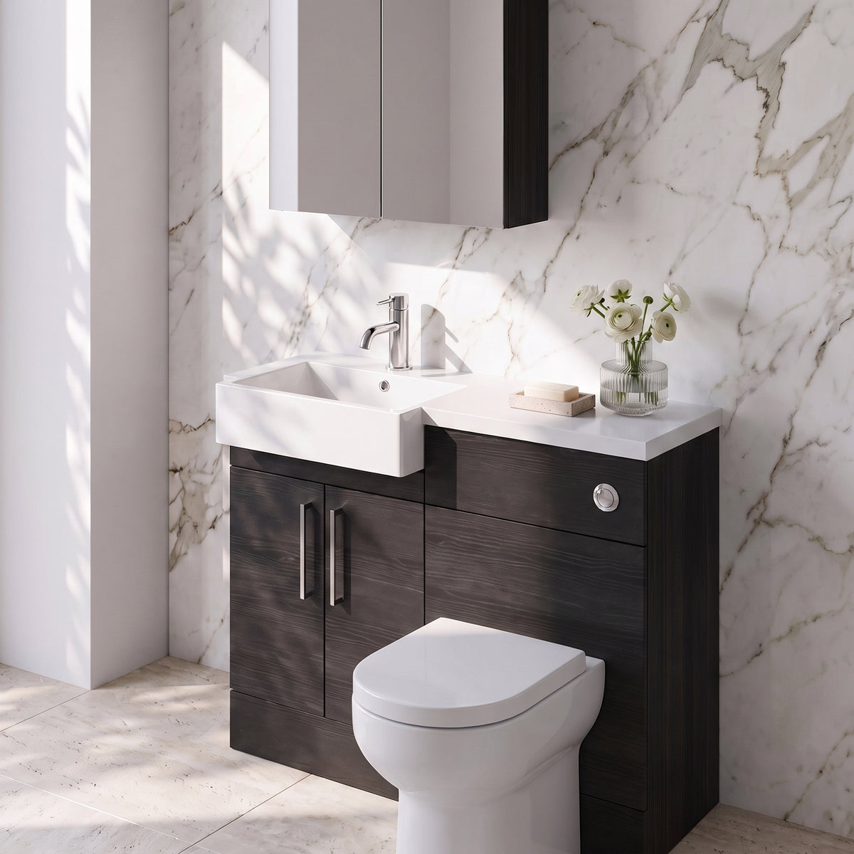 Fairford Union Black Woodgrain 1000mm Square Semi Recessed Basin Left Hand Combination Pack