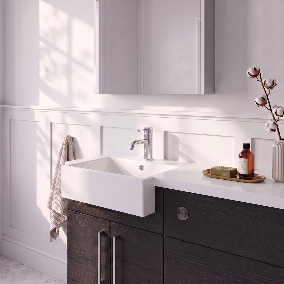 Fairford Union Black Woodgrain 1000mm Square Semi Recessed Basin Left Hand Combination Pack