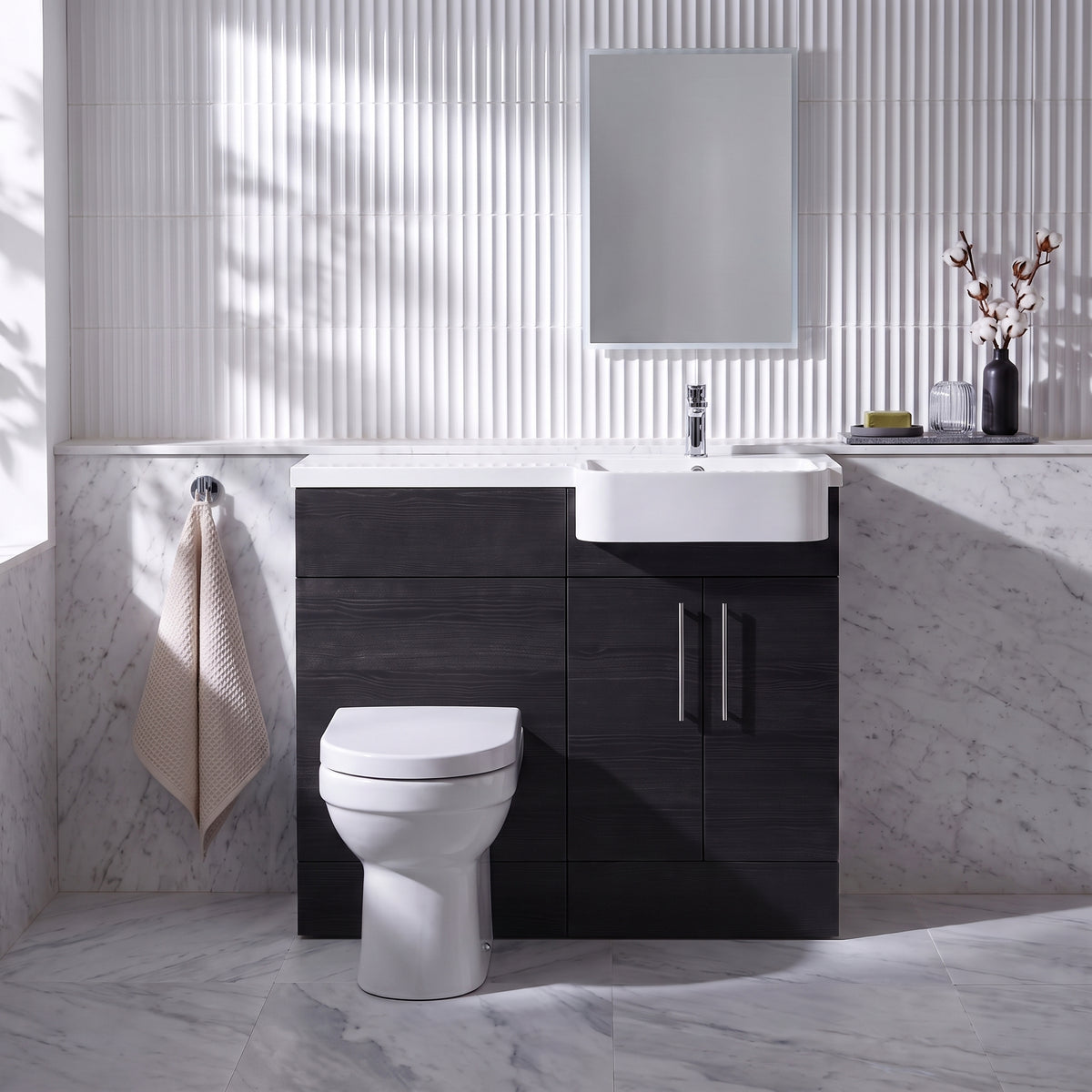 Fairford Union Black Woodgrain 1000mm Square Semi Recessed Basin Right Hand Combination Pack