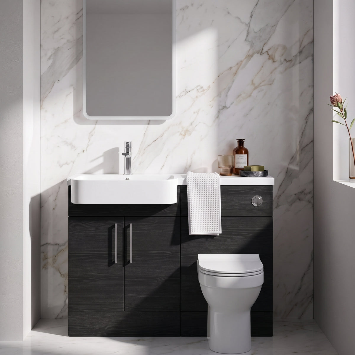Fairford Union Black Woodgrain 1100mm Round Semi Recessed Basin Left Hand Combination Pack
