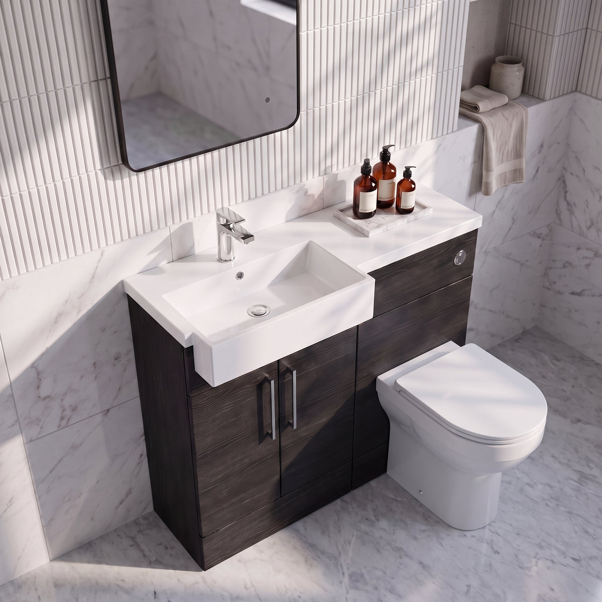 Fairford Union Black Woodgrain 1100mm Square Semi Recessed Basin Left Hand Combination Pack