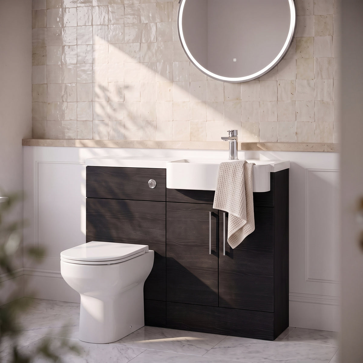 Fairford Union Black Woodgrain 1100mm Square Semi Recessed Basin Right Hand Combination Pack