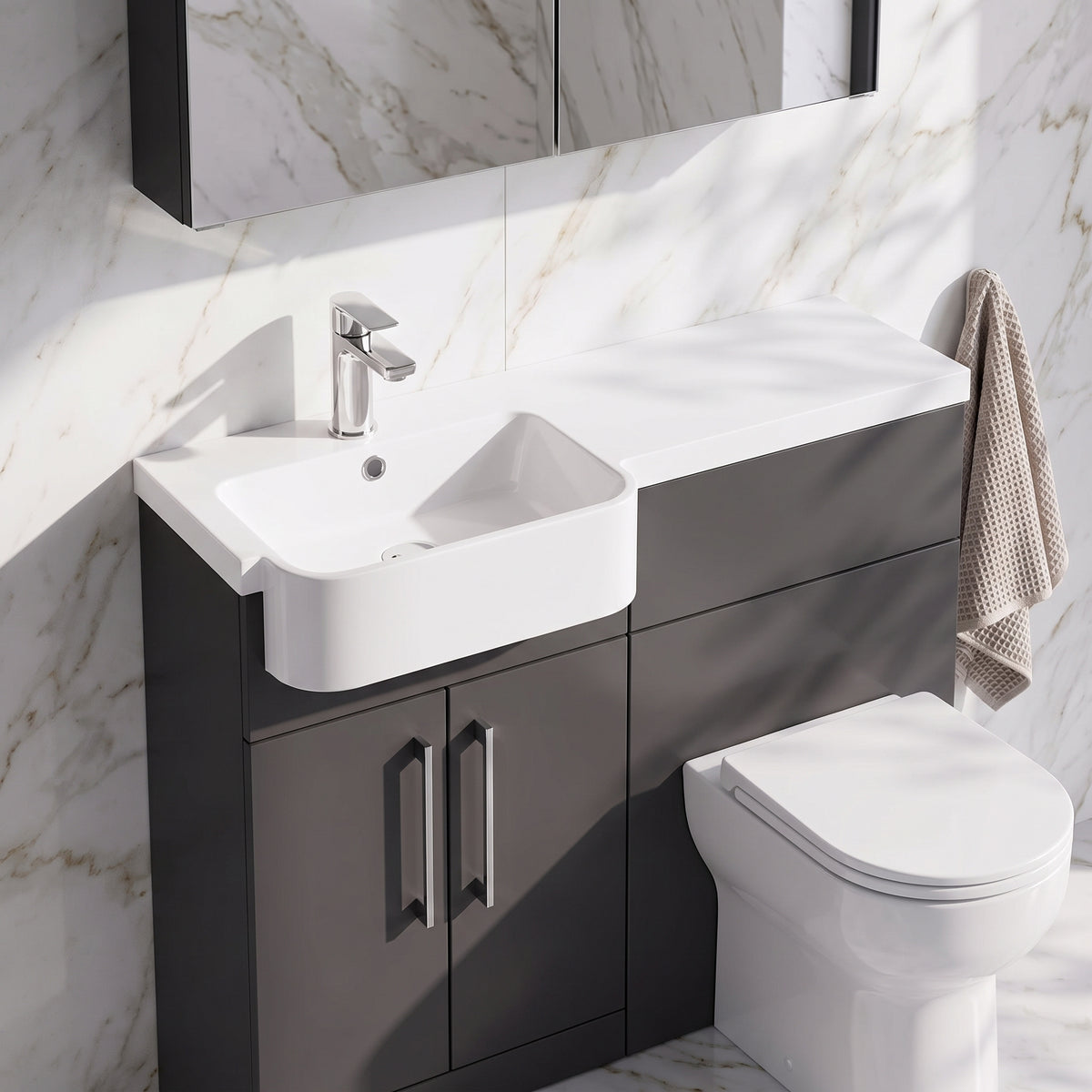 Fairford Union Gloss Grey 1000mm Round Semi Recessed Basin Left Hand Combination Pack