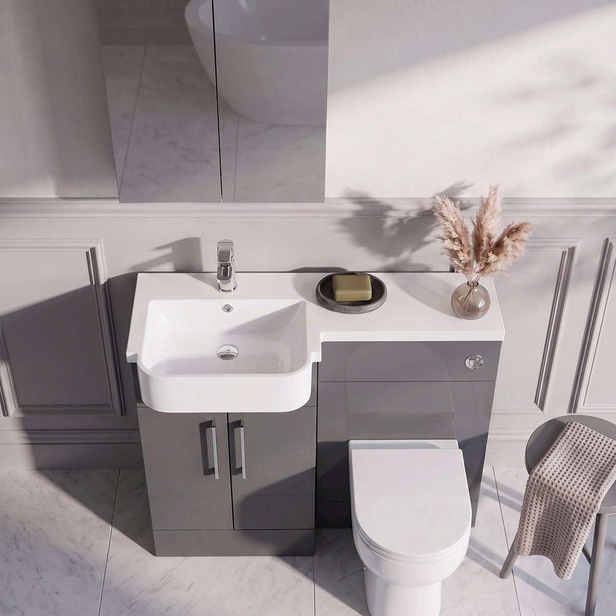 Fairford Union Gloss Grey 1000mm Round Semi Recessed Basin Left Hand Combination Pack