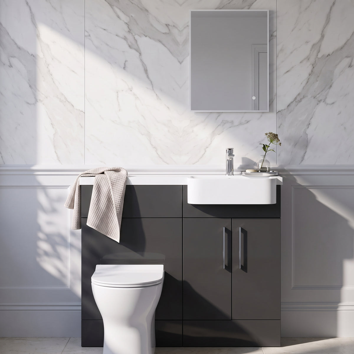 Fairford Union Gloss Grey 1000mm Square Semi Recessed Basin Right Hand Combination Pack