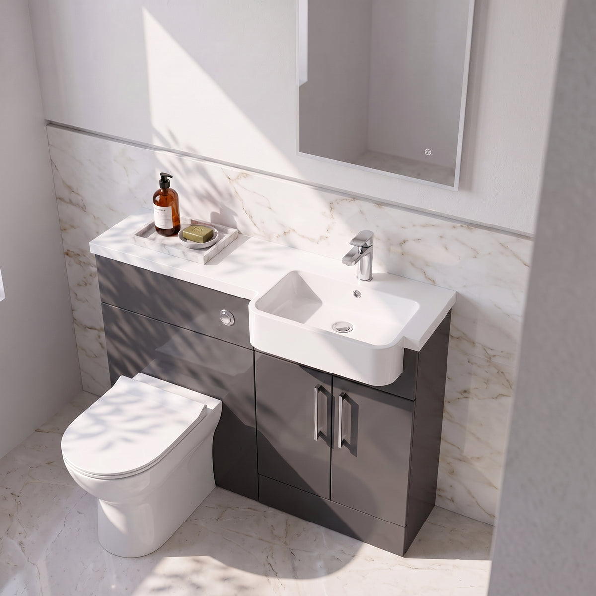Fairford Union Gloss Grey 1000mm Square Semi Recessed Basin Right Hand Combination Pack