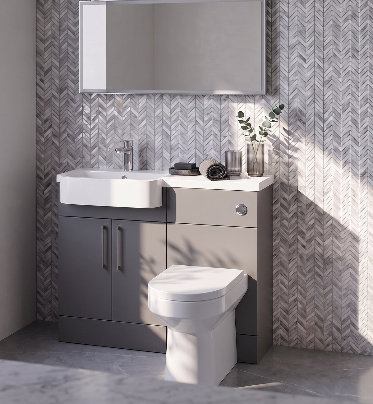 Fairford Union Gloss Grey 1100mm Round Semi Recessed Basin Left Hand Combination Pack