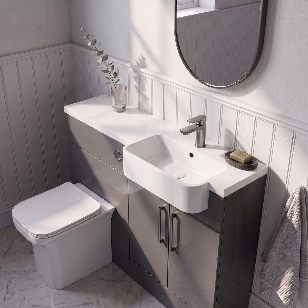 Fairford Union Gloss Grey 1100mm Round Semi Recessed Basin Right Hand Combination Pack