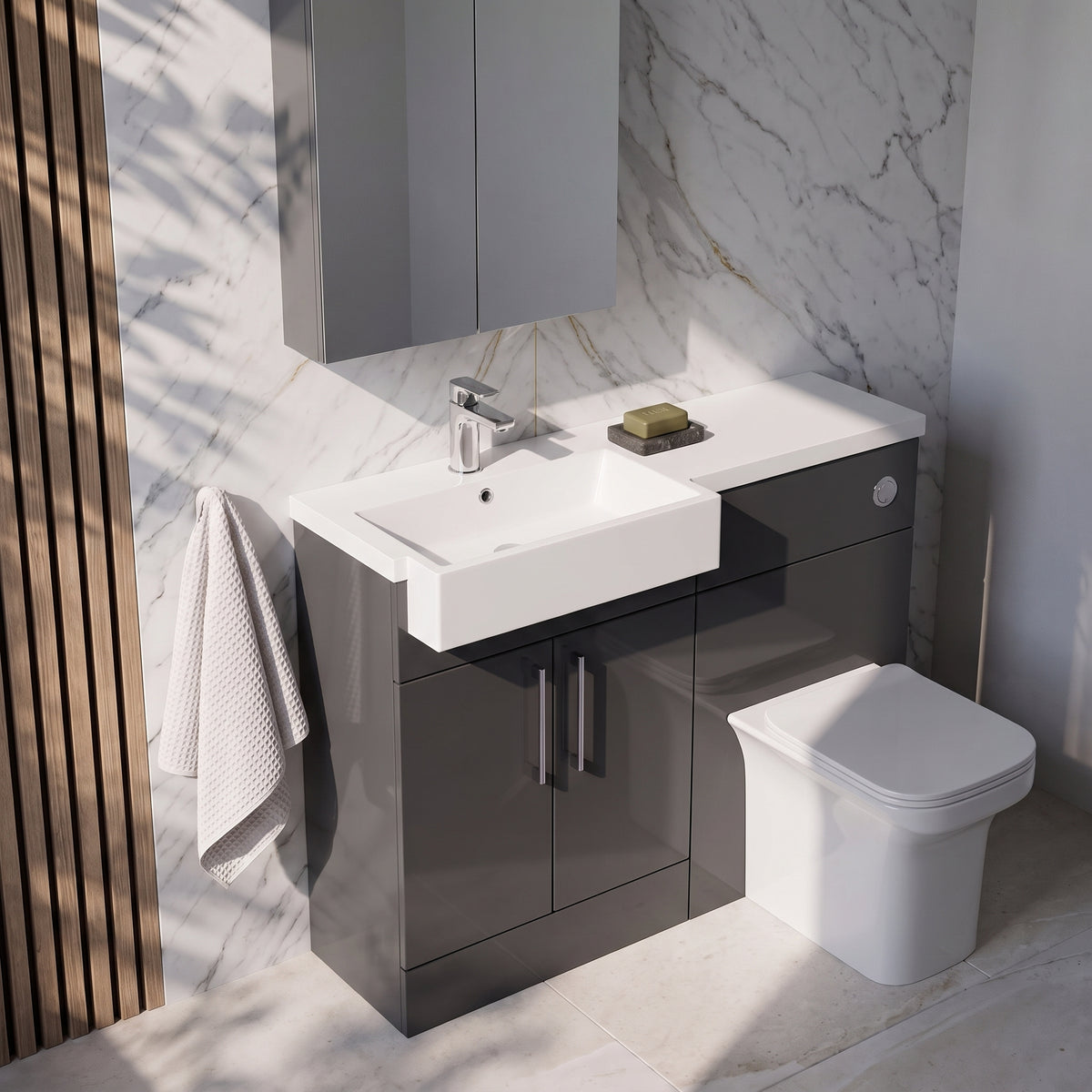 Fairford Union Gloss Grey 1100mm Square Semi Recessed Basin Left Hand Combination Pack