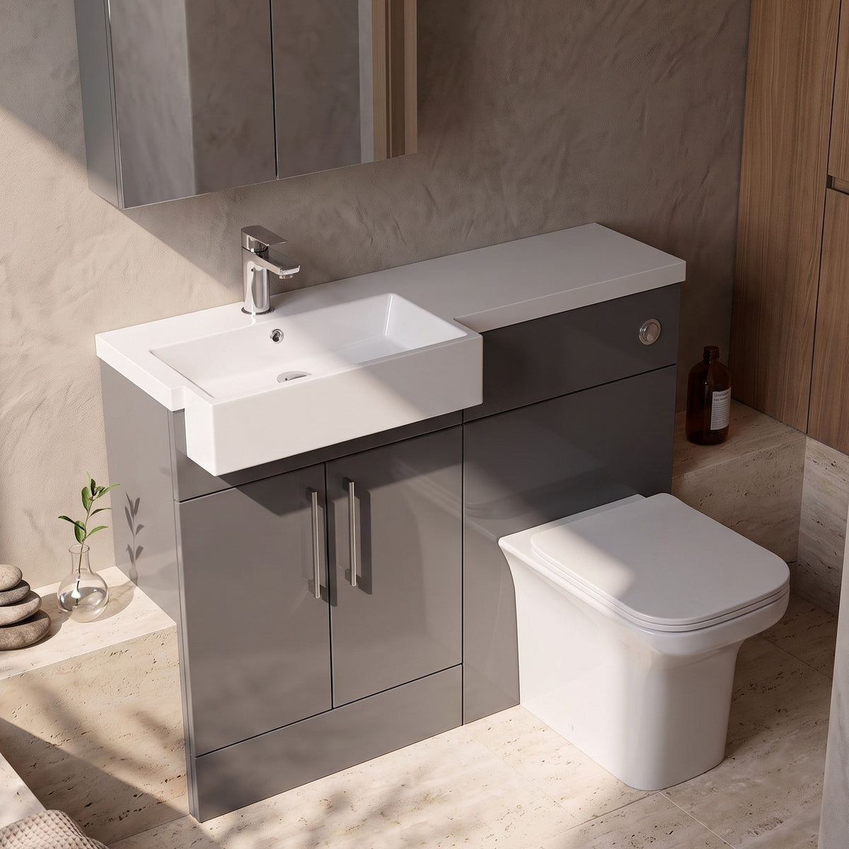 Fairford Union Gloss Grey 1100mm Square Semi Recessed Basin Left Hand Combination Pack