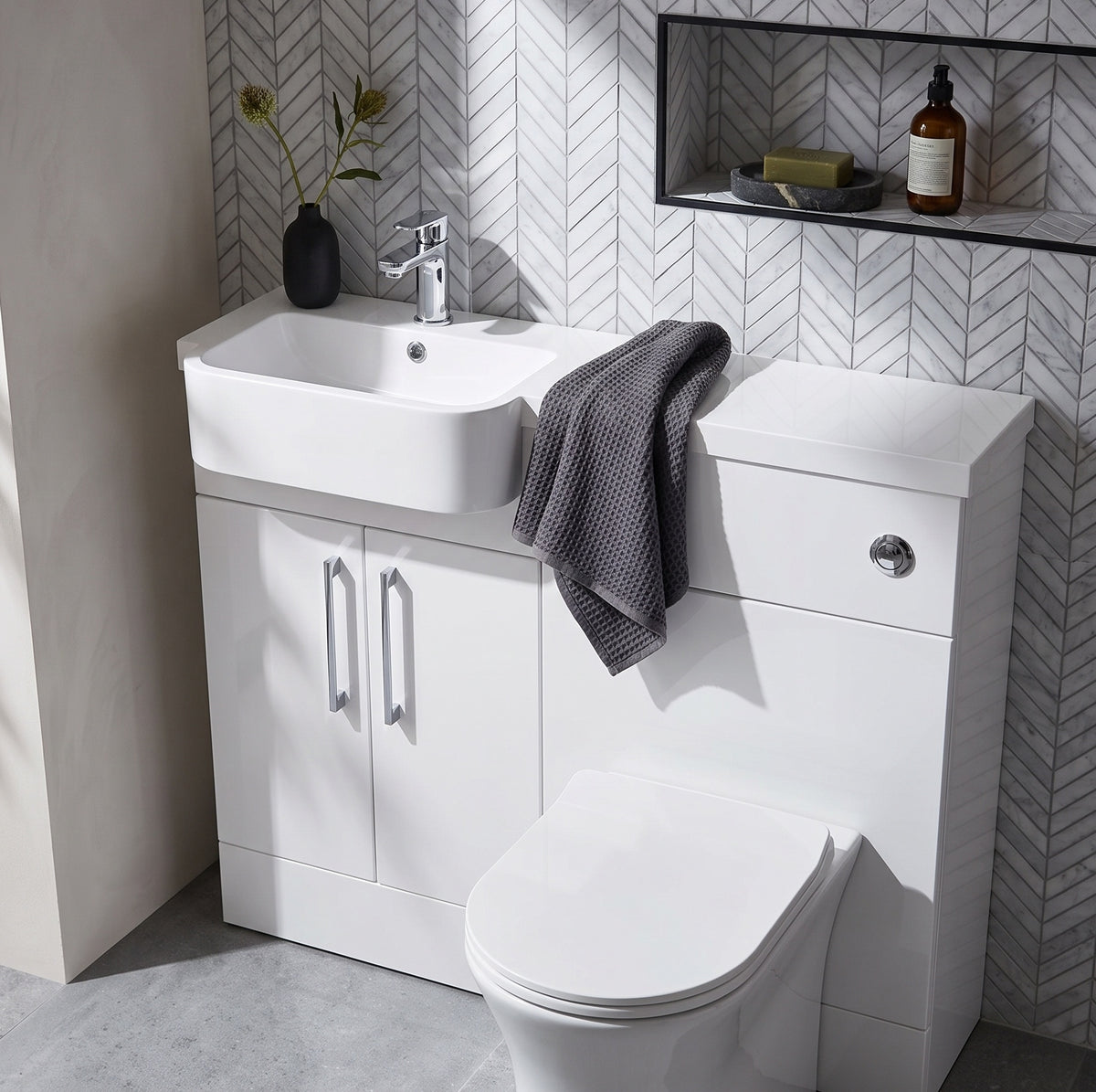 Fairford Union Gloss White 1000mm Round Semi Recessed Basin Left Hand Combination Pack