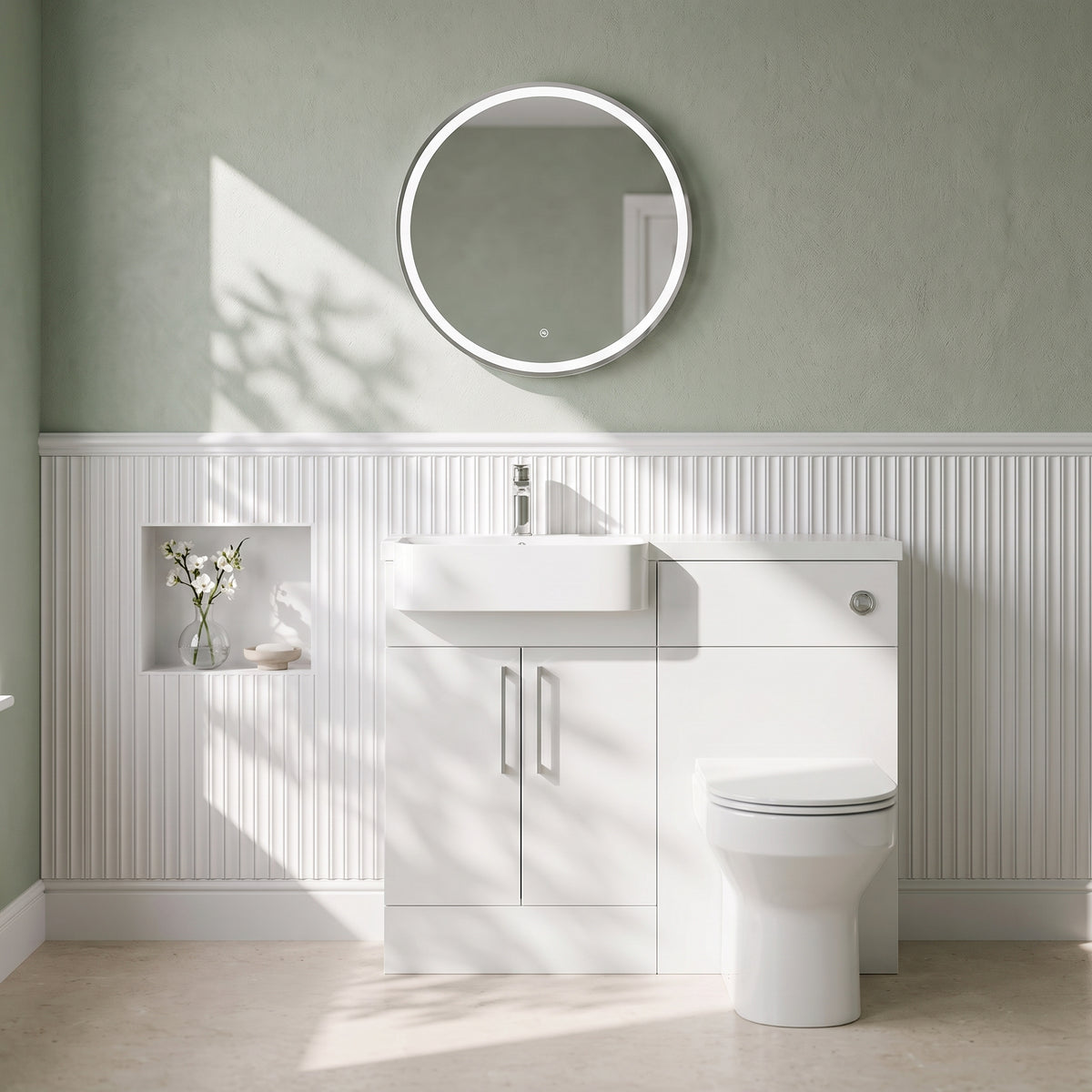 Fairford Union Gloss White 1100mm Round Semi Recessed Basin Left Hand Combination Pack