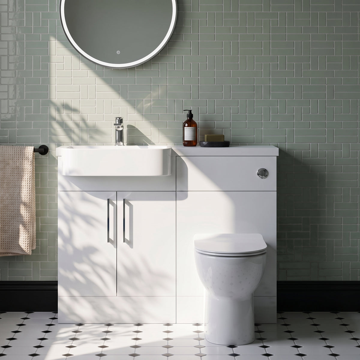 Fairford Union Gloss White 1100mm Round Semi Recessed Basin Left Hand Combination Pack
