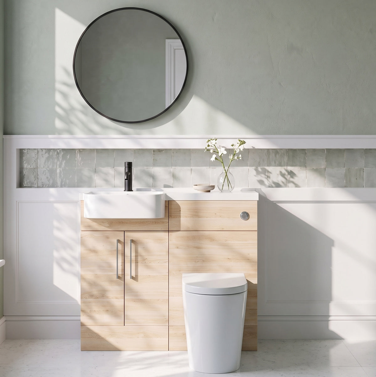 Fairford Union Light Oak 1000mm Round Semi Recessed Basin Left Hand Combination Pack