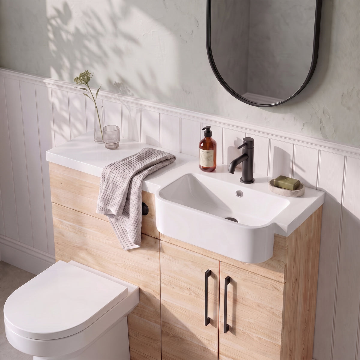 Fairford Union Light Oak 1000mm Round Semi Recessed Basin Right Hand Combination Pack