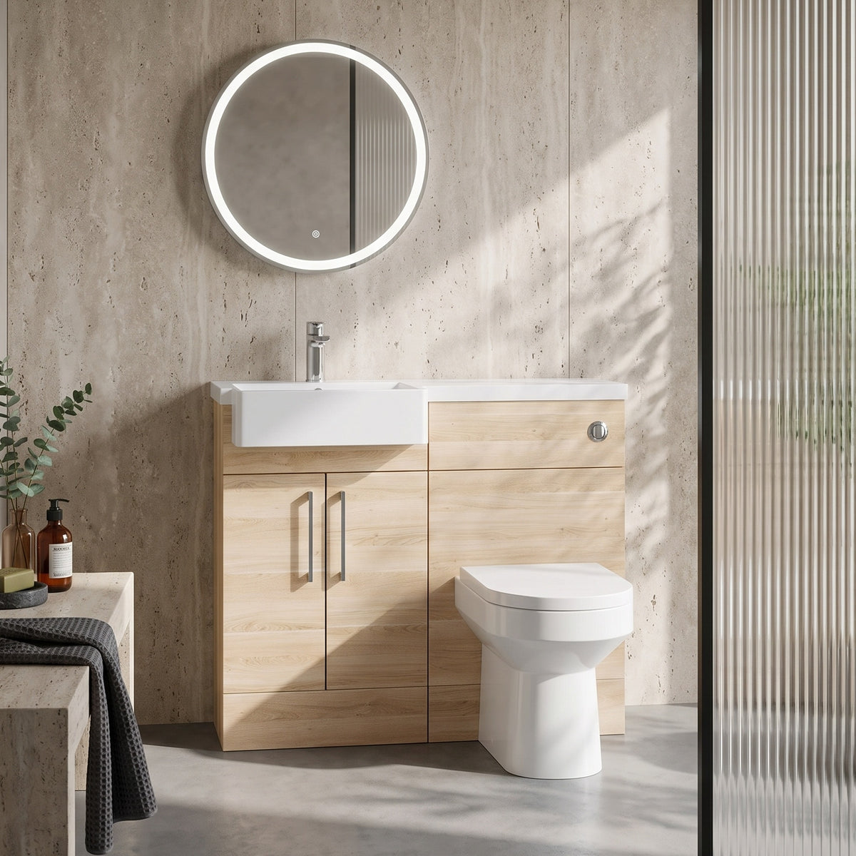 Fairford Union Light Oak 1000mm Square Semi Recessed Basin Left Hand Combination Pack