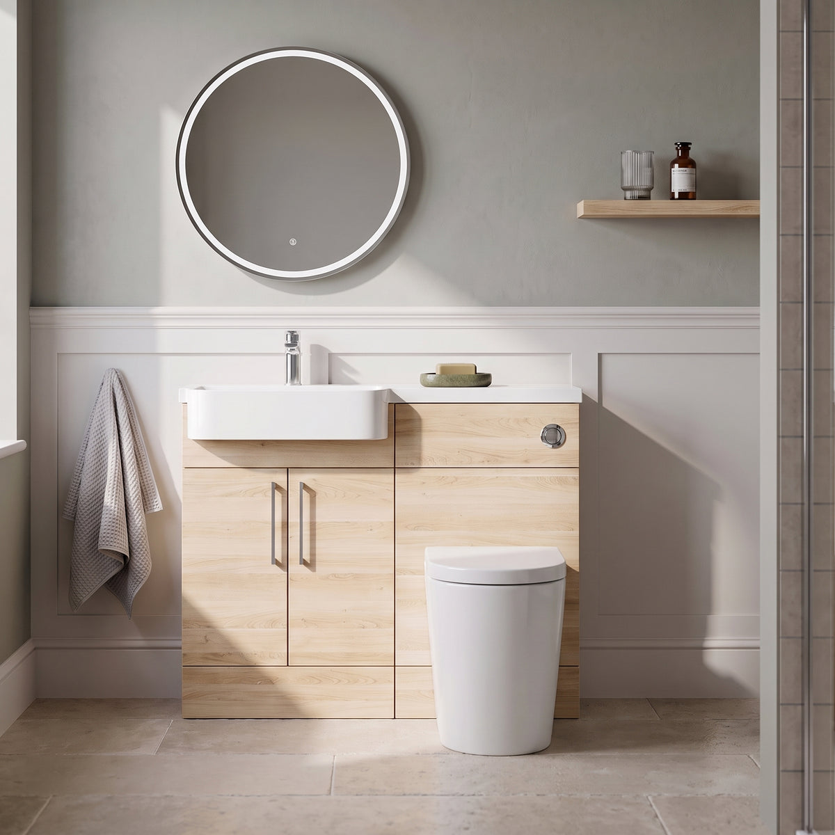 Fairford Union Light Oak 1100mm Round Semi Recessed Basin Left Hand Combination Pack