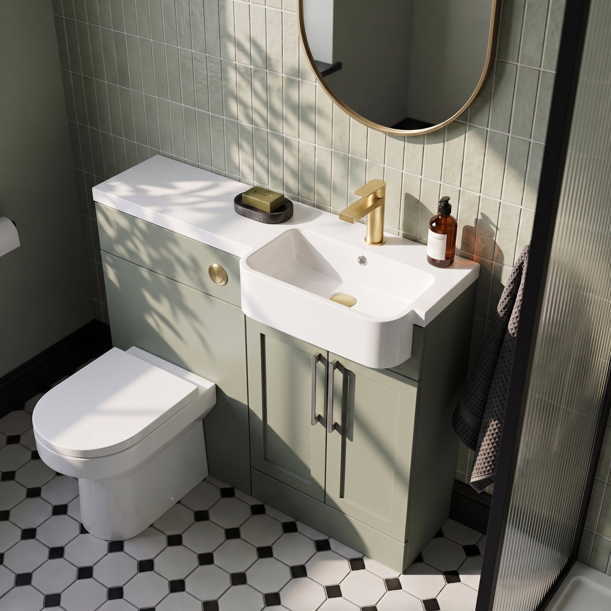 Fairford Union Style Shaker Matt Lux Green 1000mm Round Semi Recessed Basin Right Hand Combination Pack