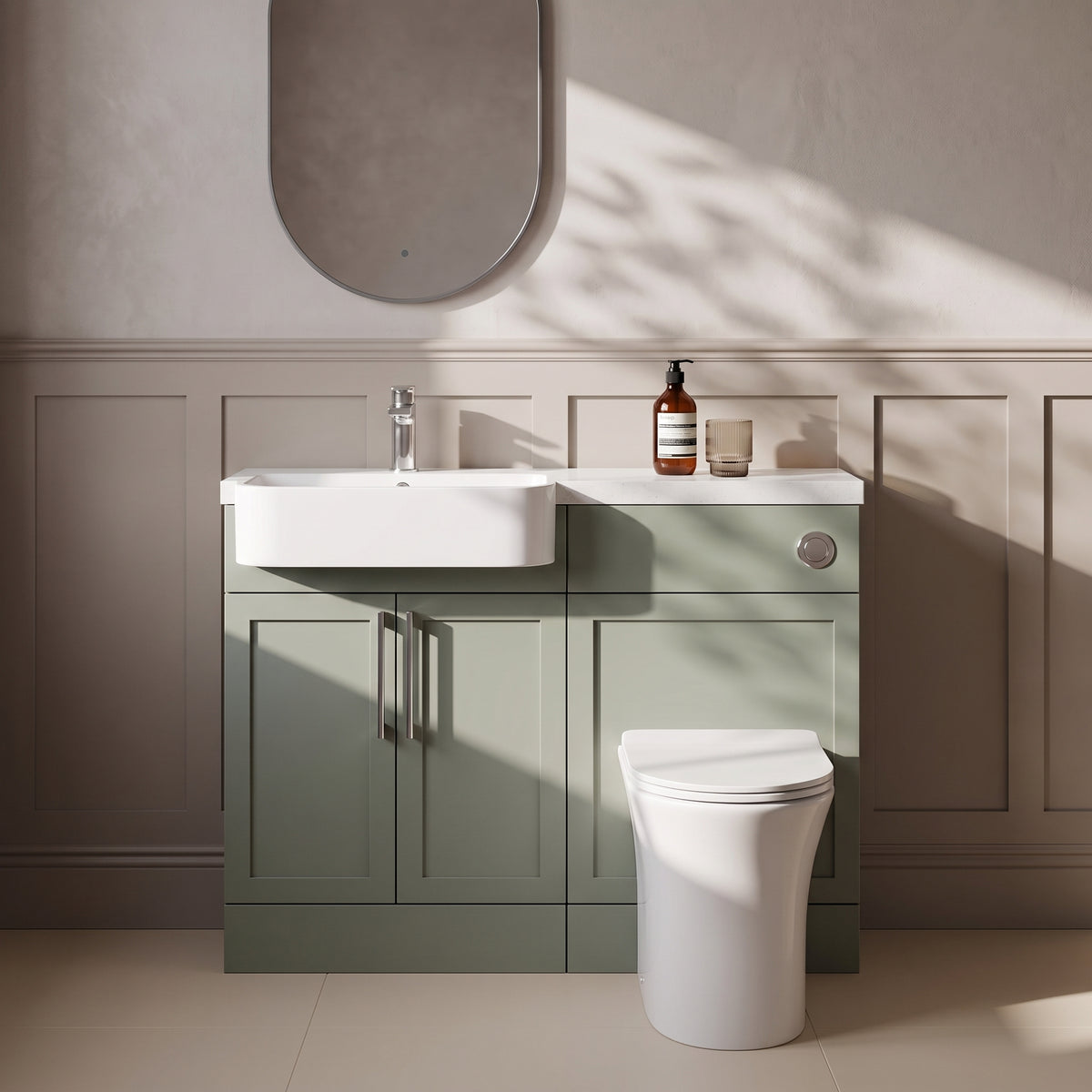 Fairford Union Style Shaker Matt Lux Green 1100mm Round Semi Recessed Basin Left Hand Combination Pack