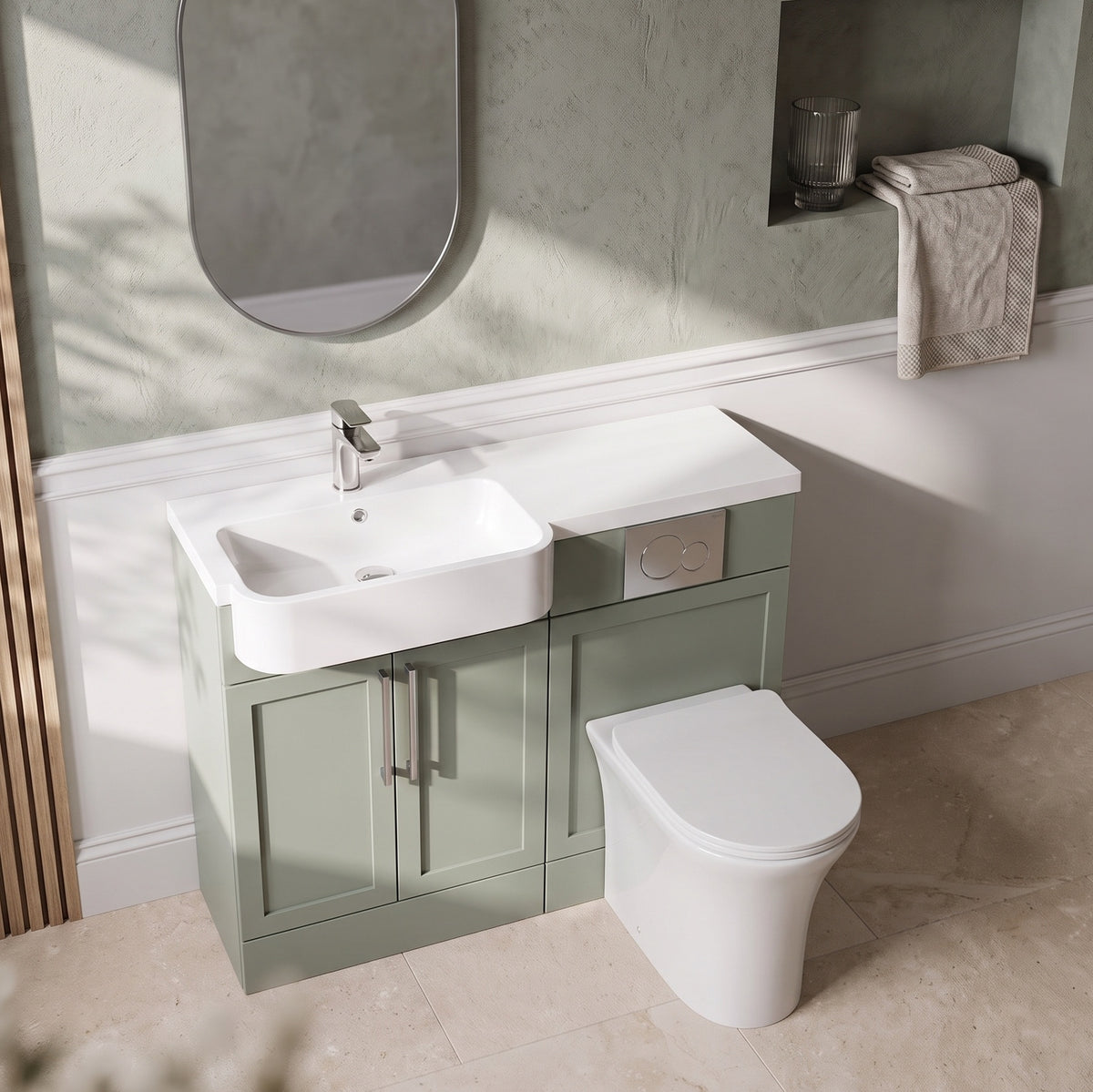 Fairford Union Style Shaker Matt Lux Green 1100mm Round Semi Recessed Basin Left Hand Combination Pack