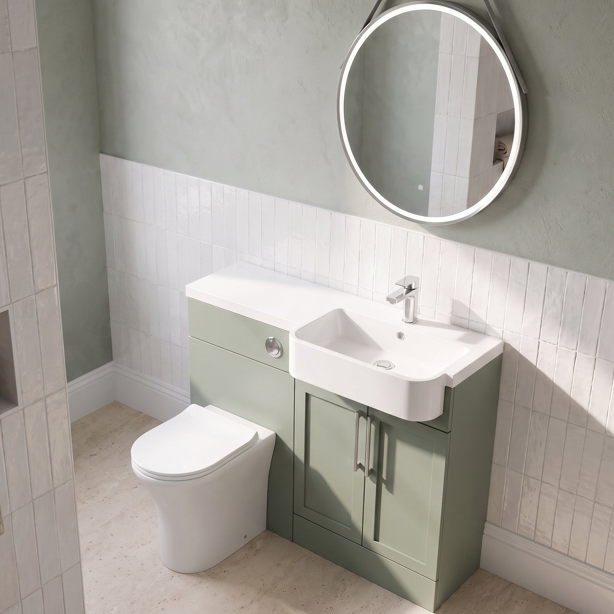 Fairford Union Style Shaker Matt Lux Green 1100mm Round Semi Recessed Basin Right Hand Combination Pack