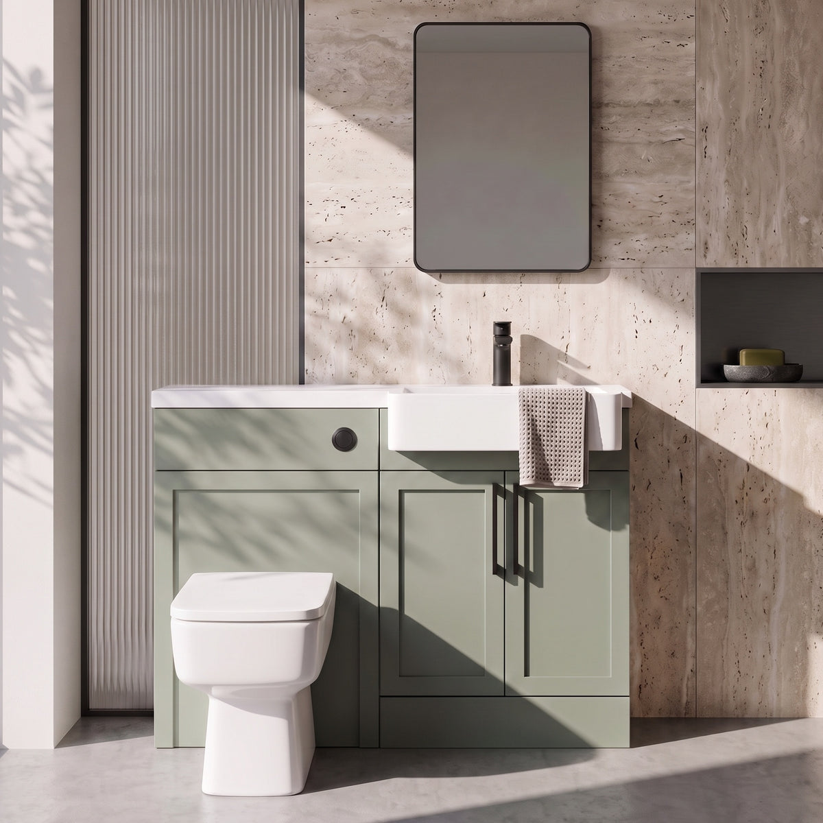 Fairford Union Style Shaker Matt Lux Green 1100mm Square Semi Recessed Basin Right Hand Combination Pack