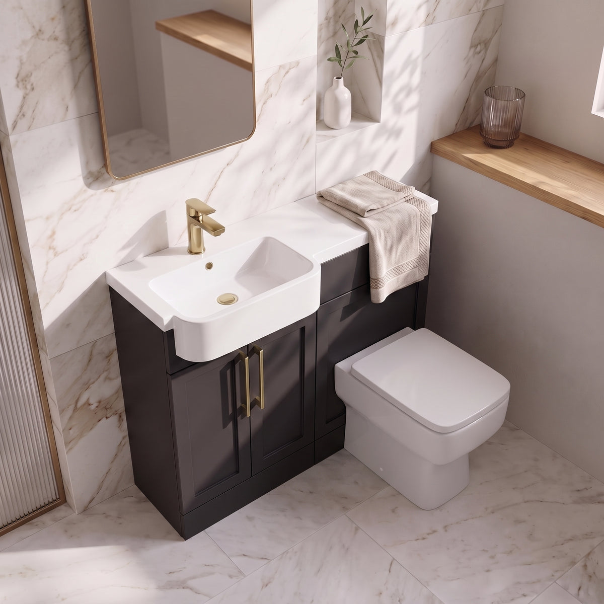 Fairford Union Style Shaker Matt Soft Black 1000mm Round Semi Recessed Basin Left Hand Combination Pack