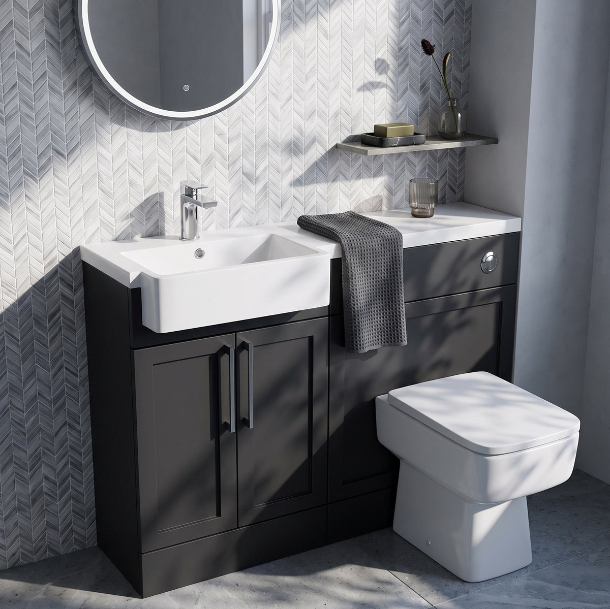 Fairford Union Style Shaker Matt Soft Black 1000mm Square Semi Recessed Basin Left Hand Combination Pack