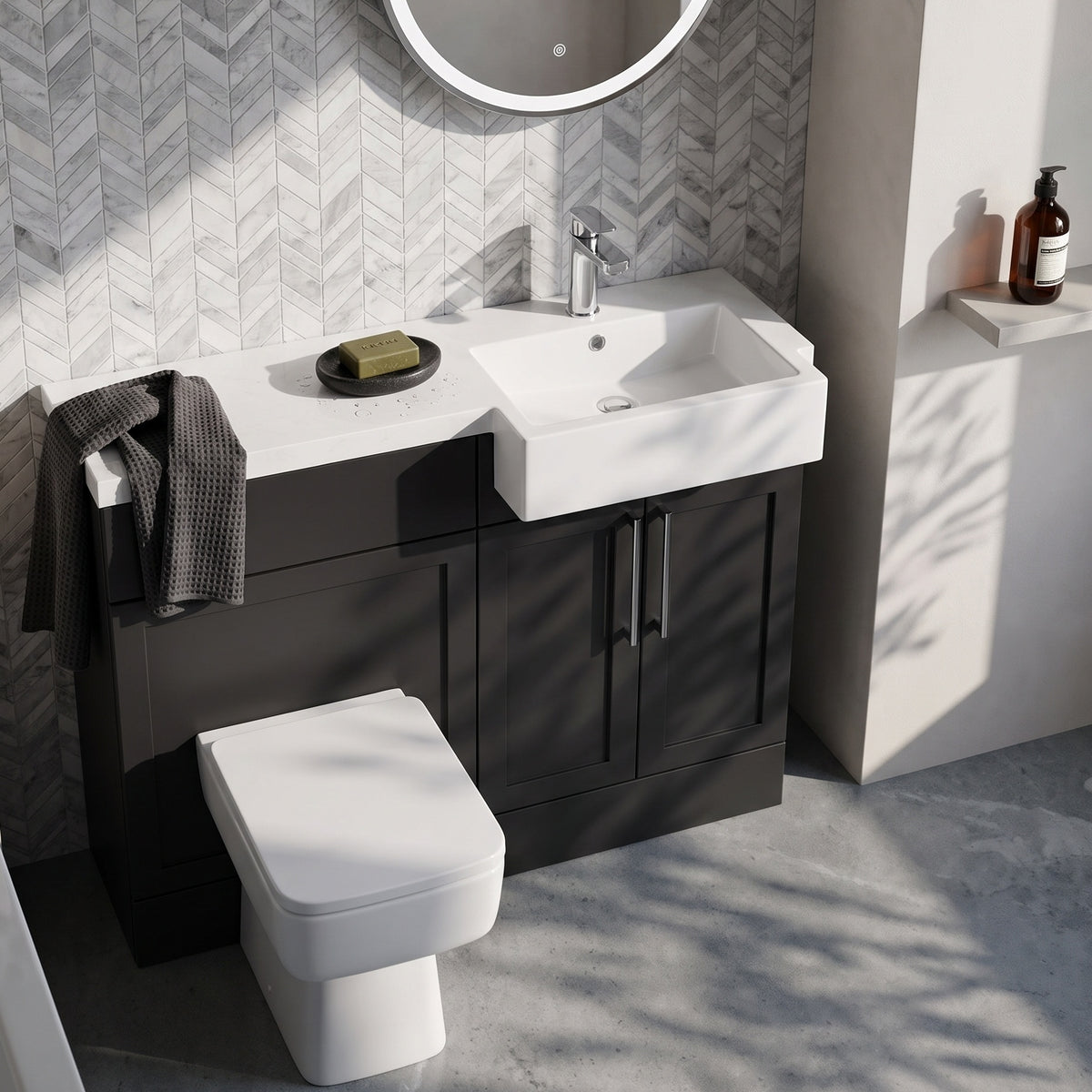 Fairford Union Style Shaker Matt Soft Black 1000mm Square Semi Recessed Basin Right Hand Combination Pack