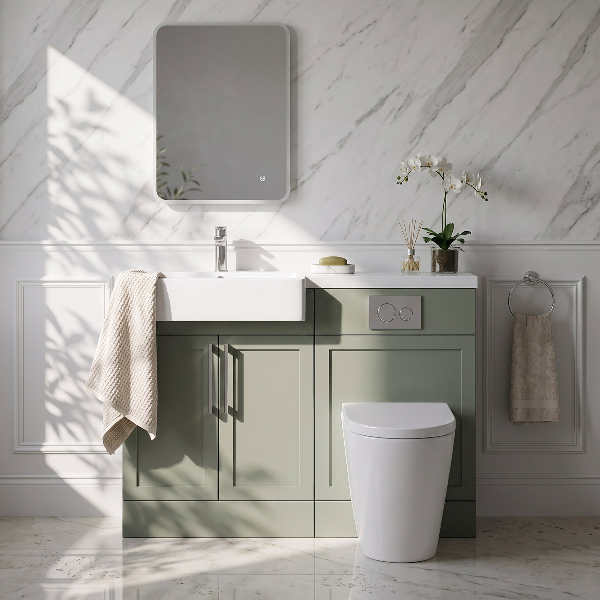 Fairford Union Style Shaker Matt Lux Green 1100mm Square Semi Recessed Basin Left Hand Combination Pack