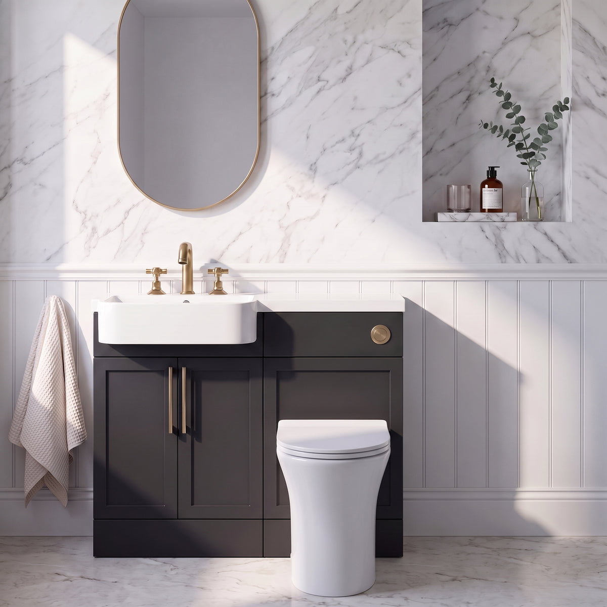 Fairford Union Style Shaker Matt Soft Black 1100mm Round Semi Recessed Basin Left Hand Combination Pack
