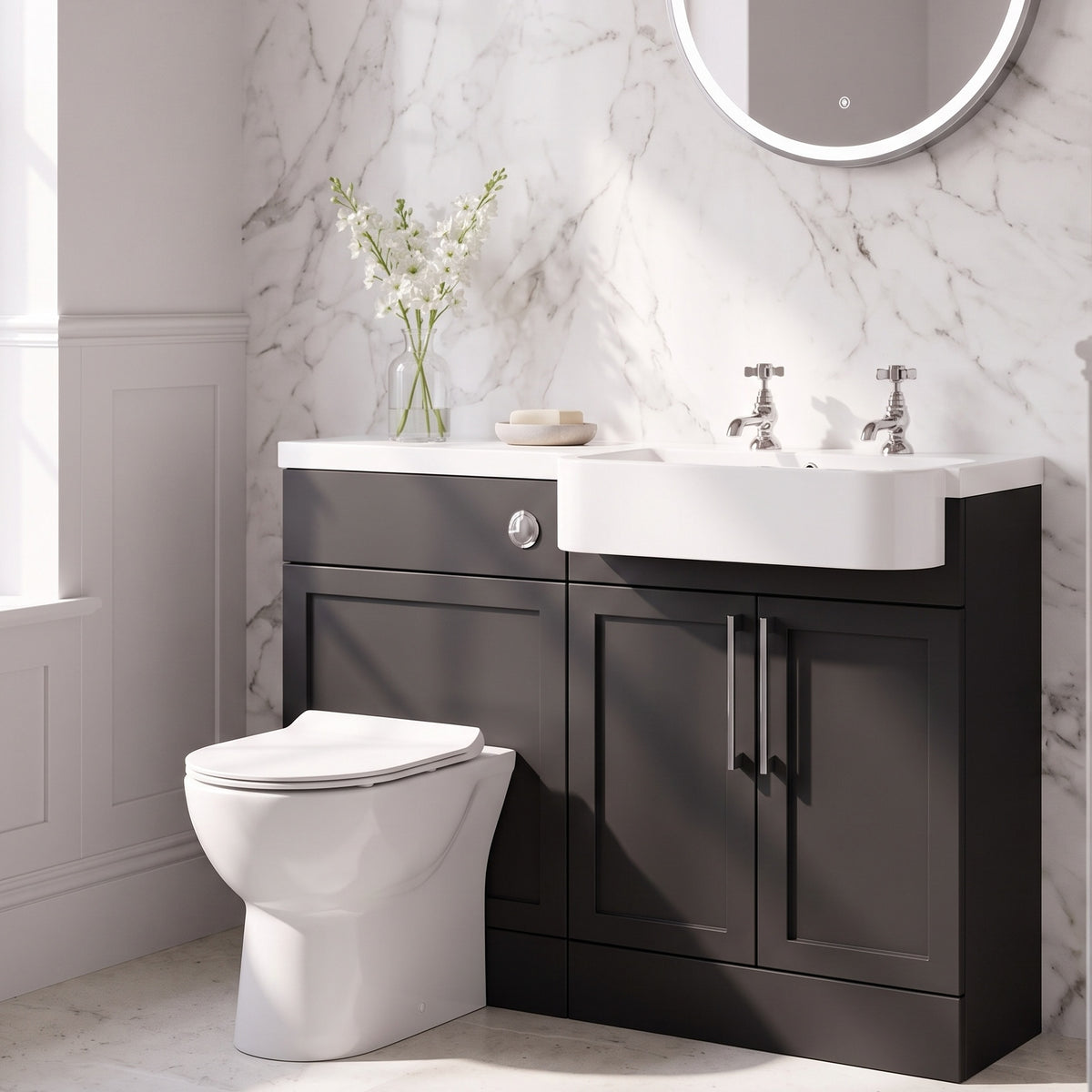 Fairford Union Style Shaker Matt Soft Black 1100mm Round Semi Recessed Basin Right Hand Combination Pack