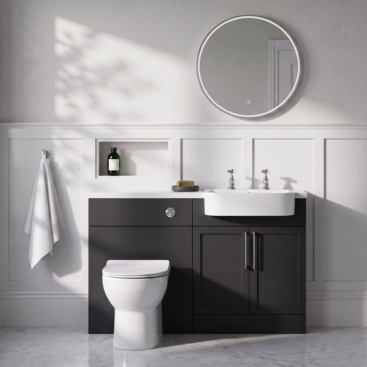 Fairford Union Style Shaker Matt Soft Black 1100mm Round Semi Recessed Basin Right Hand Combination Pack