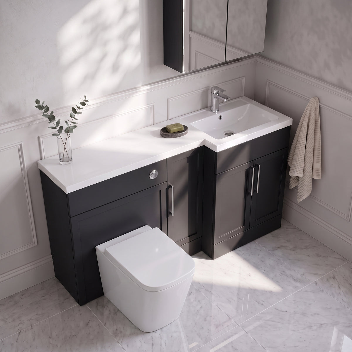 Fairford Union Style Shaker Matt Soft Black 1500mm L Shape Right Hand Combination Pack