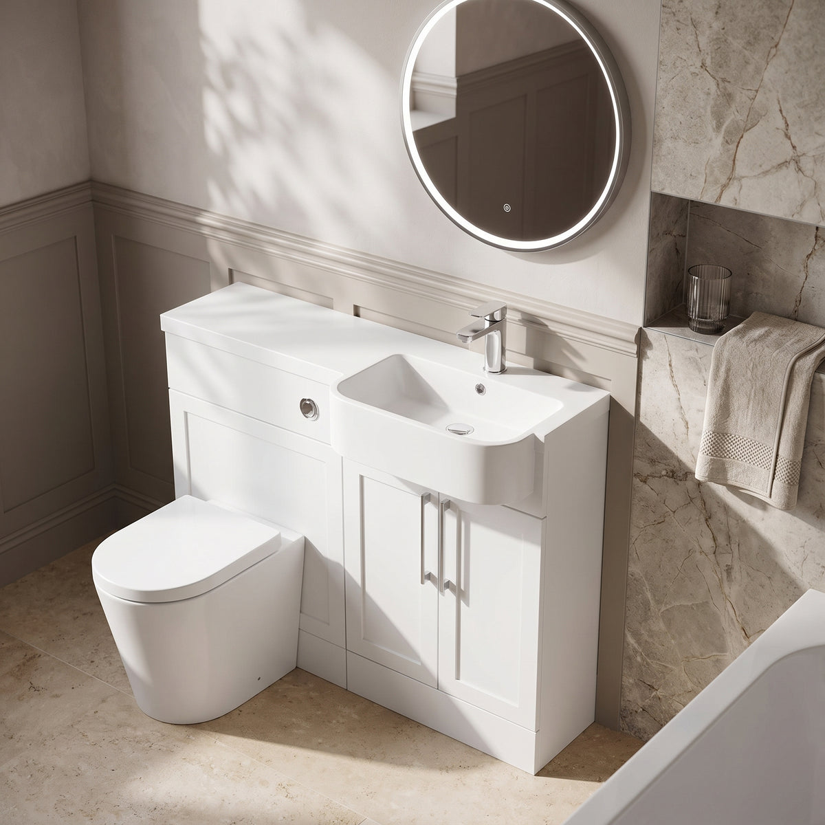 Fairford Union Style Shaker Matt White 1000mm Round Semi Recessed Basin Right Hand Combination Pack