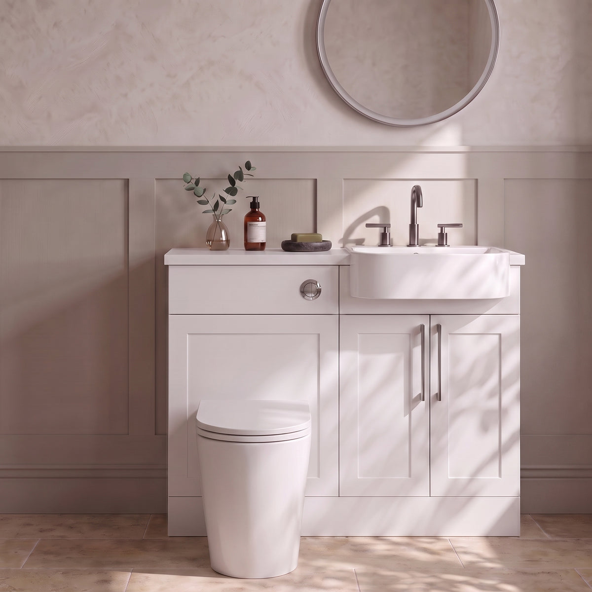 Fairford Union Style Shaker Matt White 1000mm Round Semi Recessed Basin Right Hand Combination Pack