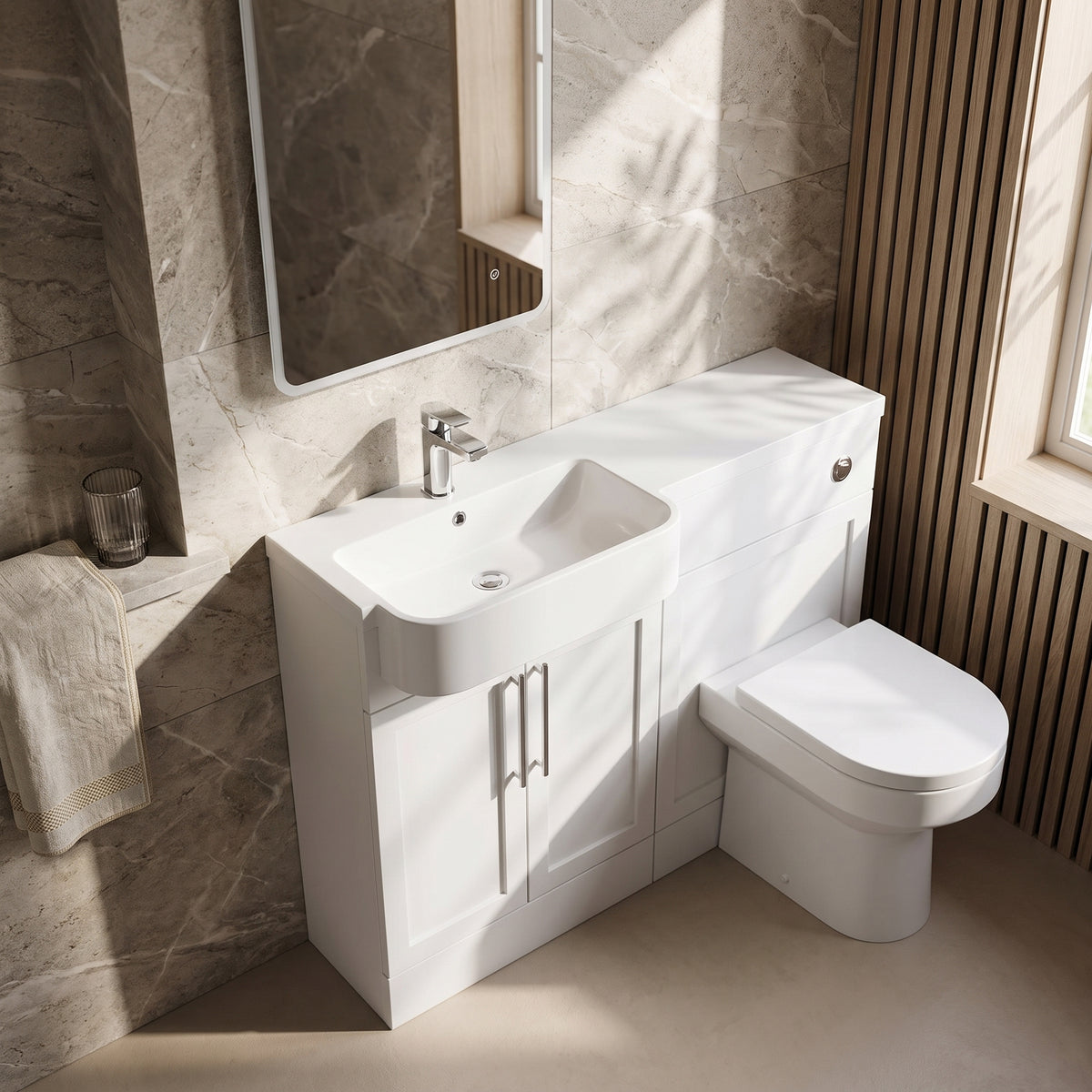 Fairford Union Style Shaker Matt White 1100mm Round Semi Recessed Basin Left Hand Combination Pack